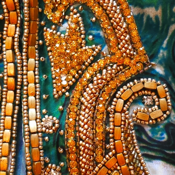 *LAST ONE**MANISH VAID- Silk Turquoise Emb.Pucci Island Prt. Kimono-NWT M - Picture 2 of 15